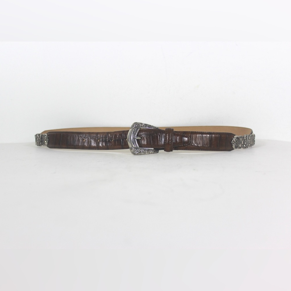 Croc Embossed Cowhide Leather Belt with Silver Buckle Vintage